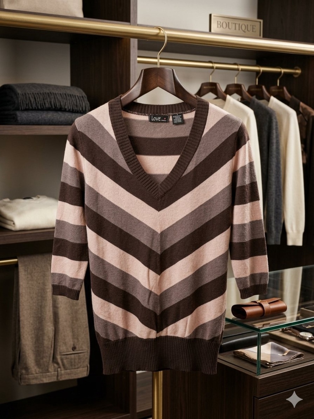 LOVE Striped V-Neck Sweater in Brown and Pink